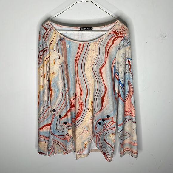 C.O.Z.Y Multicolored Pattern Long Sleeve Scoop Neck Top Polyester Blend Small - Picture 1 of 7